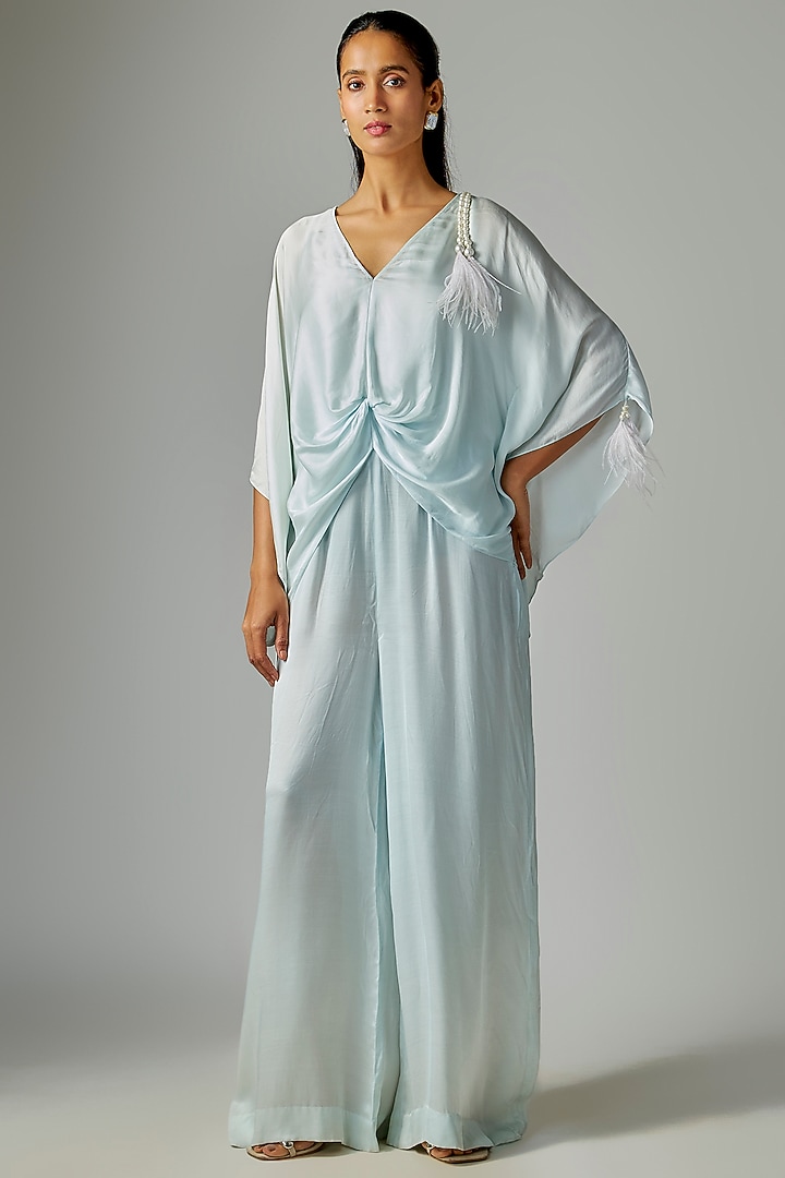 Blue Blended Satin Jumpsuit With Kaftan by Dilnaz Karbhary at Pernia's Pop Up Shop