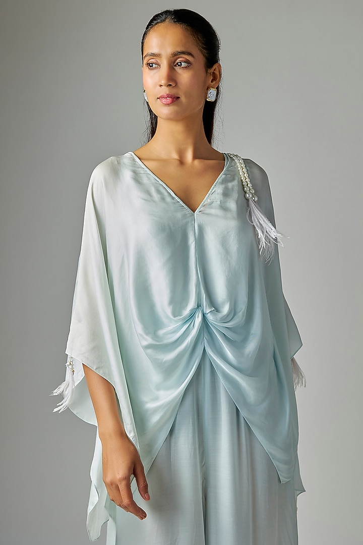 Blue Blended Satin Jumpsuit With Kaftan by Dilnaz Karbhary at Pernia's Pop Up Shop