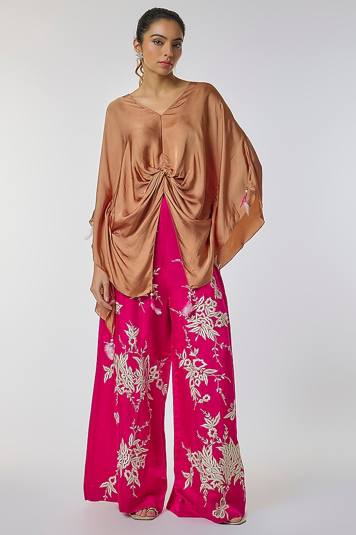 Chocolate Brown Blended Satin Draped Kaftan by Dilnaz Karbhary at Pernia's Pop Up Shop