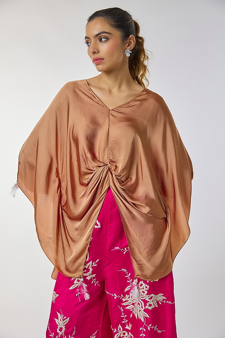 Chocolate Brown Blended Satin Draped Kaftan by Dilnaz Karbhary at Pernia's Pop Up Shop