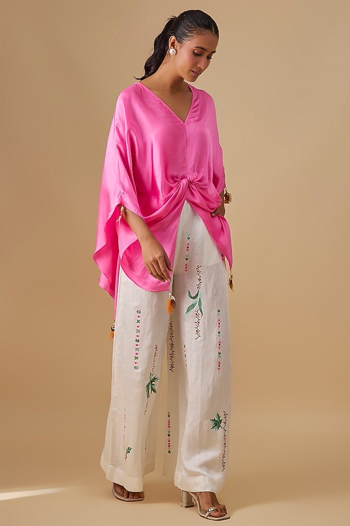 Pop Pink Blended Satin Kaftan by Dilnaz Karbhary at Pernia's Pop Up Shop