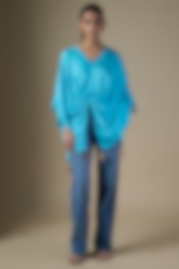 Pop Blue Blended Satin Kaftan by Dilnaz Karbhary at Pernia's Pop Up Shop