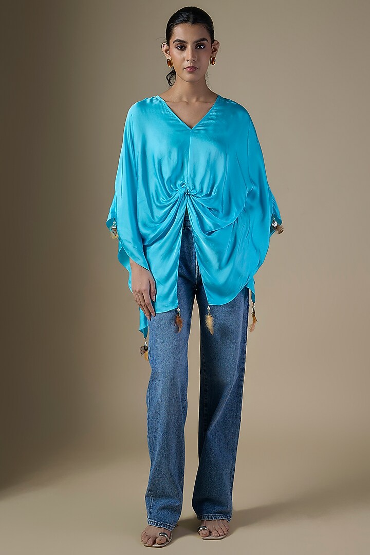 Pop Blue Blended Satin Kaftan by Dilnaz Karbhary at Pernia's Pop Up Shop