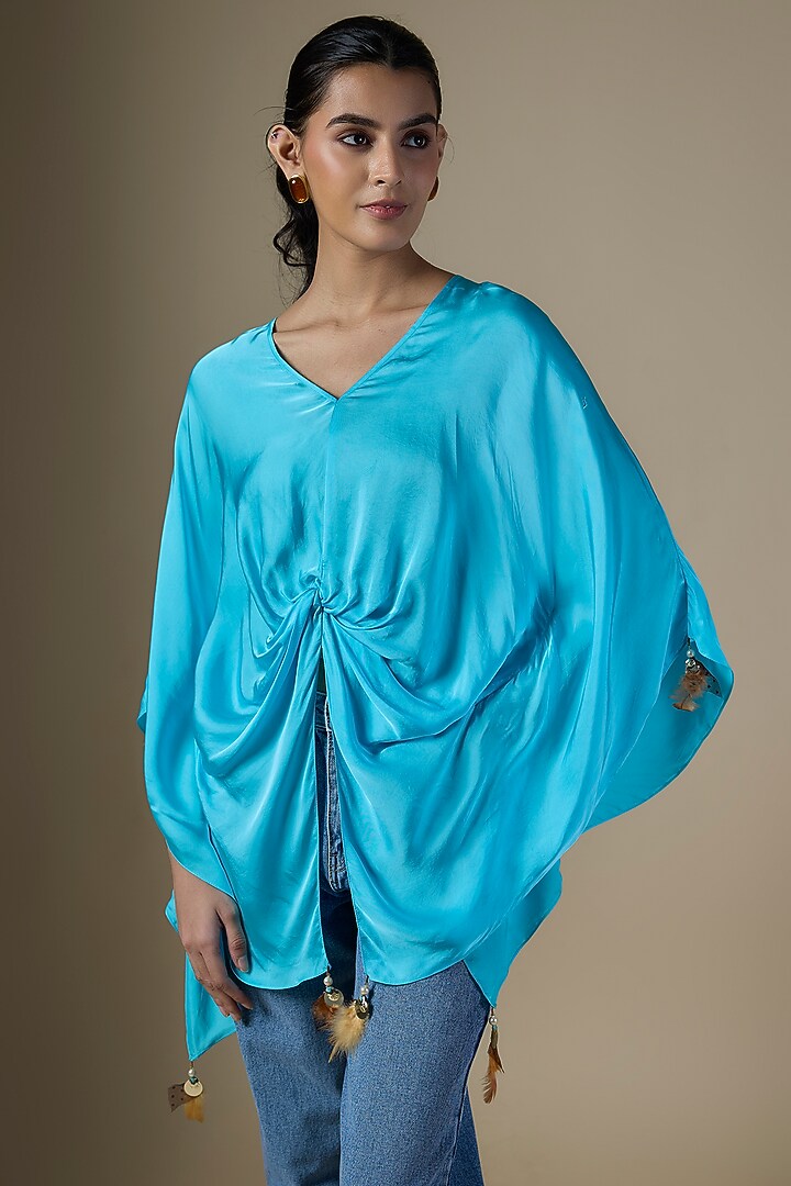 Pop Blue Blended Satin Kaftan by Dilnaz Karbhary at Pernia's Pop Up Shop