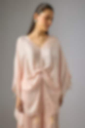 Light Peach Blended Satin Draped Kaftan by Dilnaz Karbhary at Pernia's Pop Up Shop