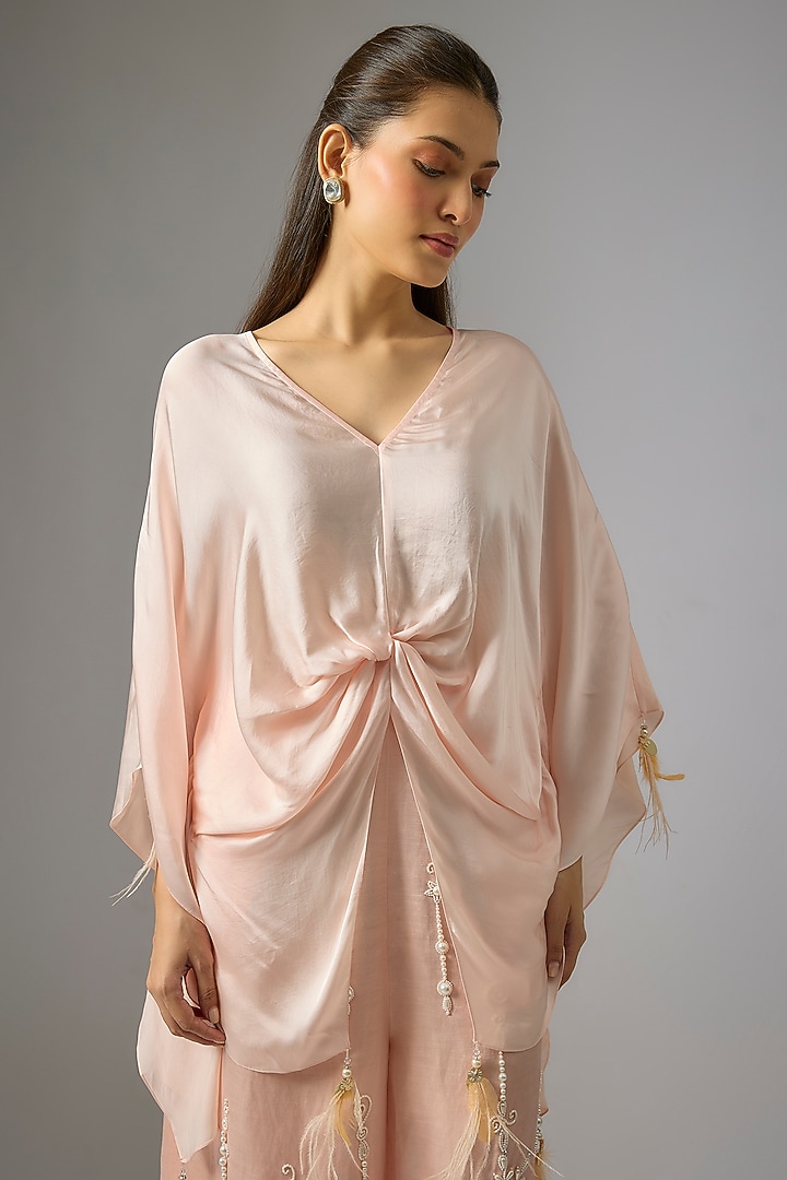Light Peach Blended Satin Draped Kaftan by Dilnaz Karbhary at Pernia's Pop Up Shop