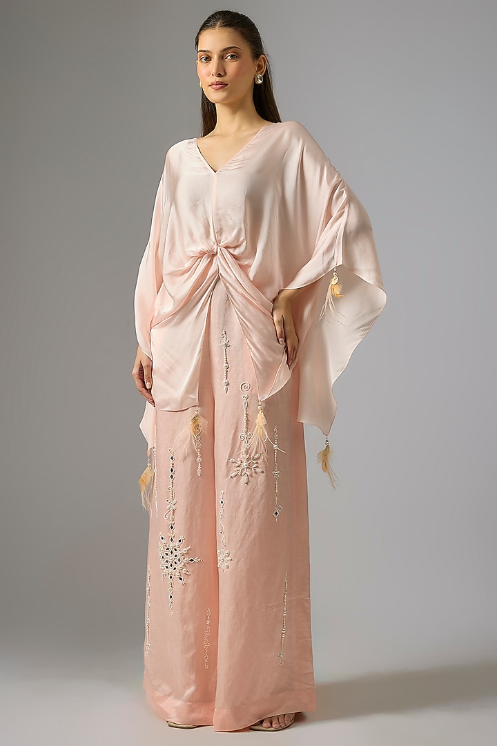 Light Peach Blended Satin Draped Kaftan by Dilnaz Karbhary at Pernia's Pop Up Shop