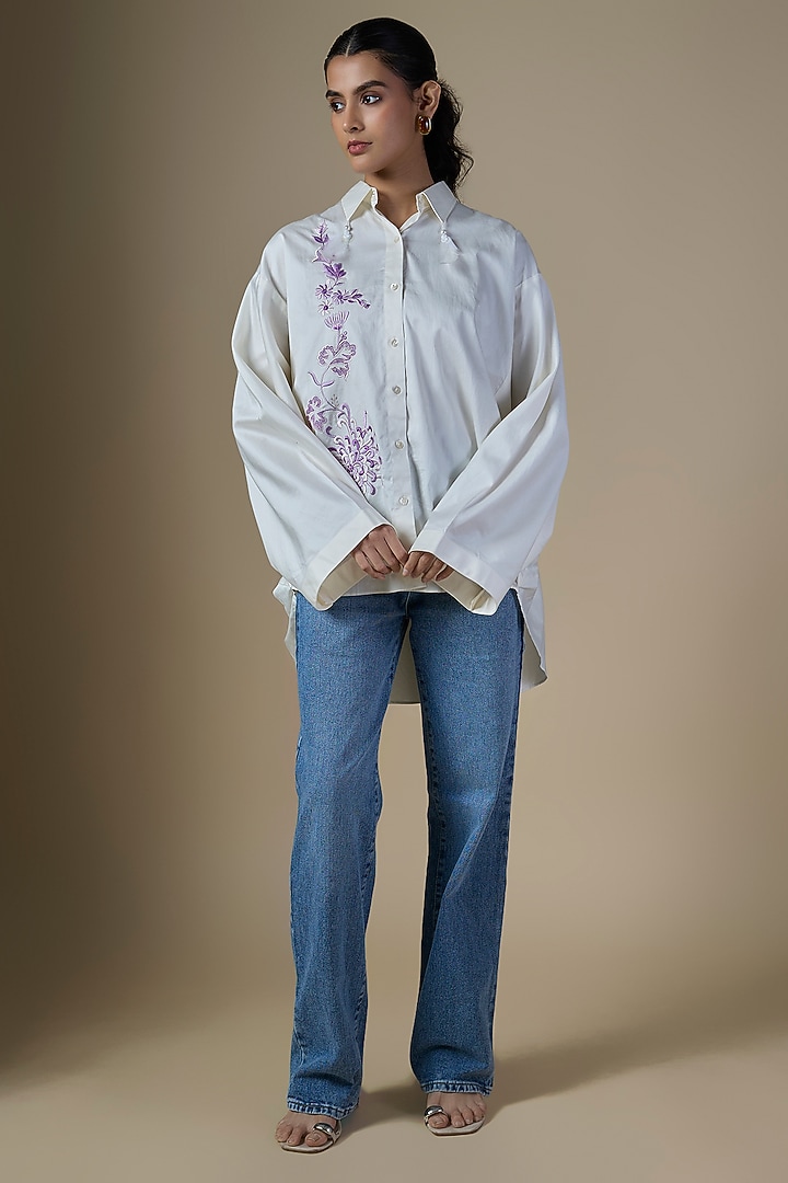 Cream Blended Cotton Shirt by Dilnaz Karbhary at Pernia's Pop Up Shop