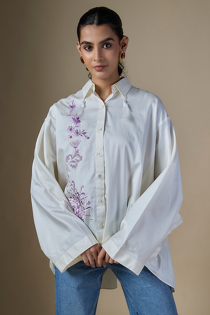 Cream Blended Cotton Shirt by Dilnaz Karbhary at Pernia's Pop Up Shop