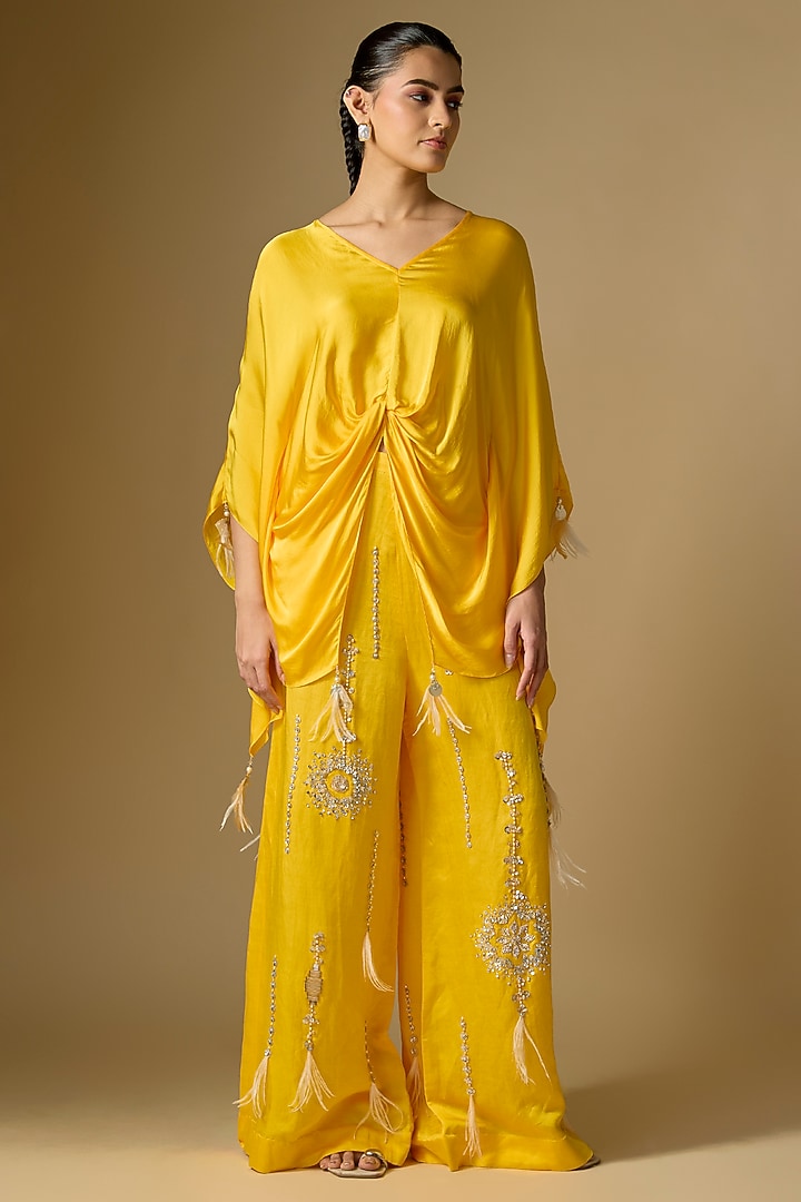 Mango Yellow Blended Linen Trousers by Dilnaz Karbhary at Pernia's Pop Up Shop