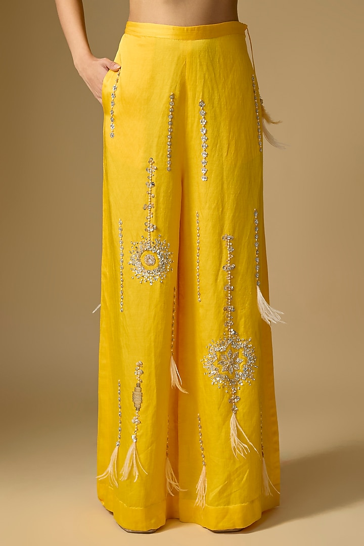 Mango Yellow Blended Linen Trousers by Dilnaz Karbhary at Pernia's Pop Up Shop