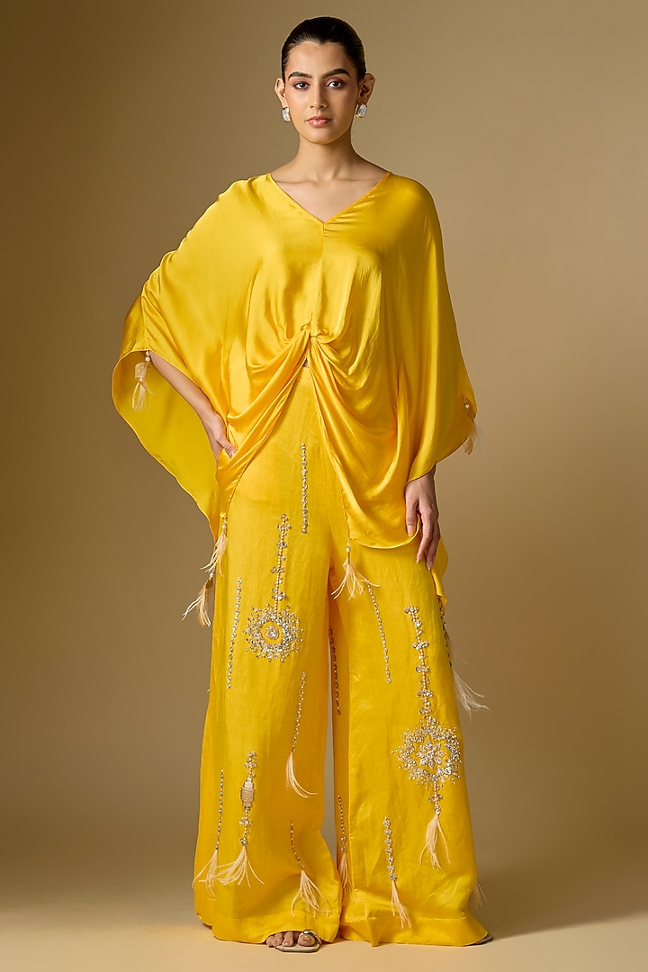 Mango Yellow Blended Satin Kaftan by Dilnaz Karbhary at Pernia's Pop Up Shop