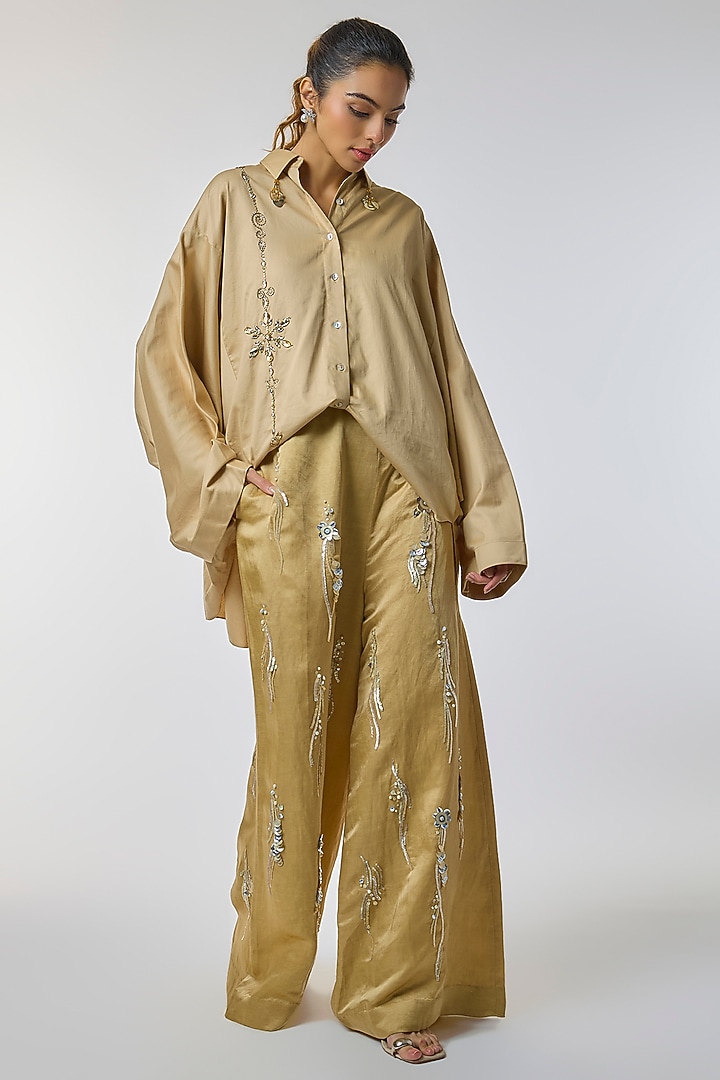 Light Gold Blended Linen Trousers by Dilnaz Karbhary at Pernia's Pop Up Shop