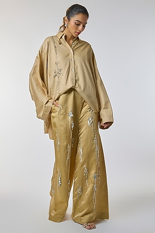 Light Gold Blended Linen Trousers by Dilnaz Karbhary