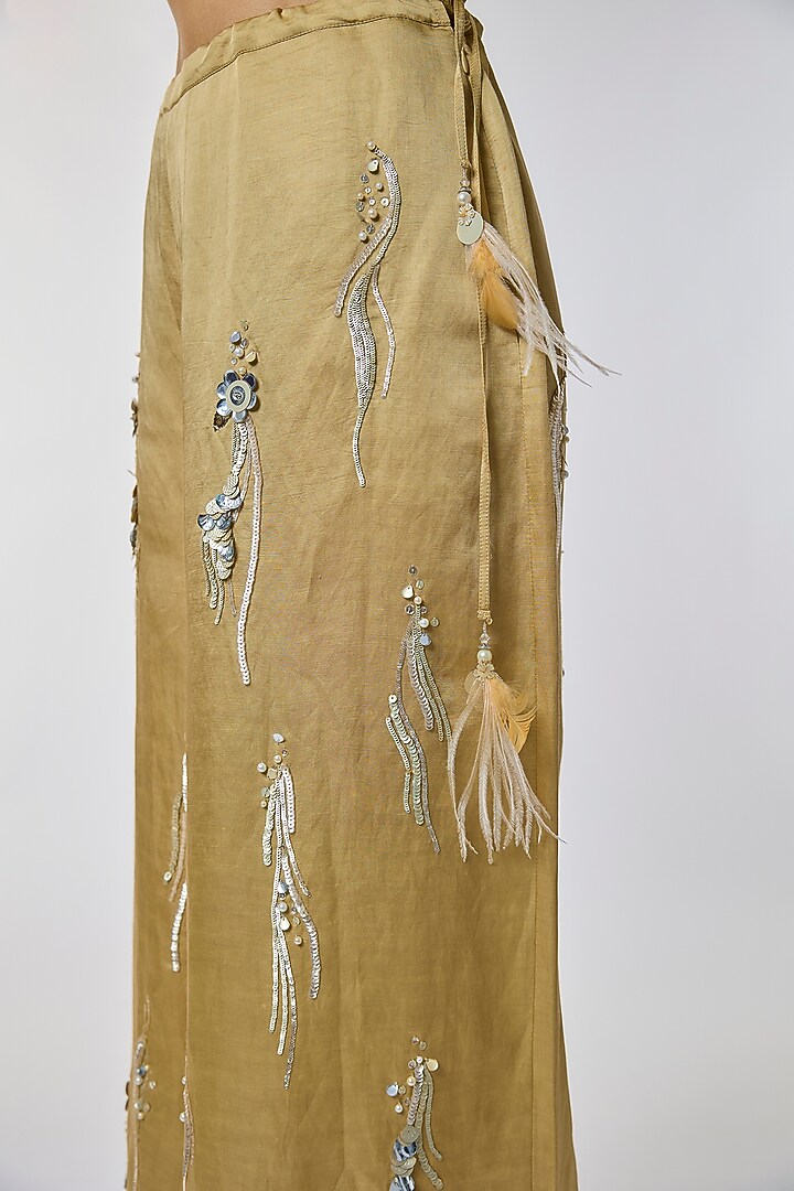 Light Gold Blended Linen Trousers by Dilnaz Karbhary at Pernia's Pop Up Shop