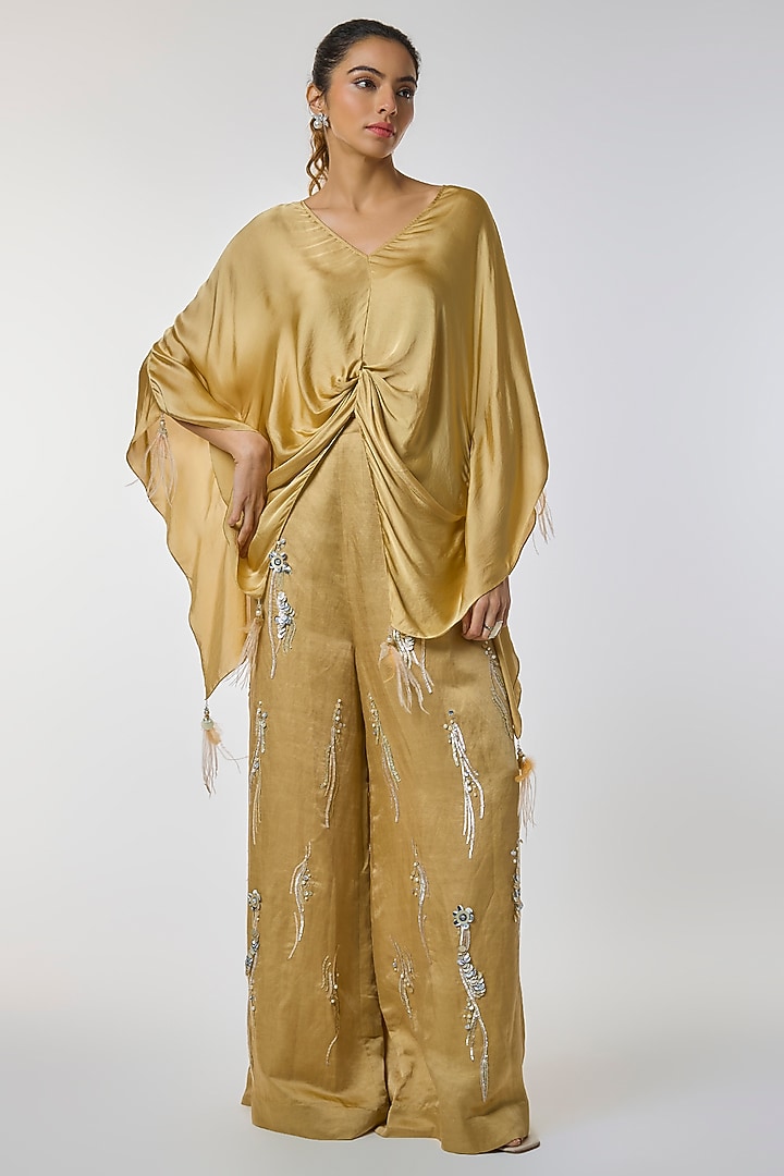 Light Gold Blended Satin Kaftan by Dilnaz Karbhary at Pernia's Pop Up Shop