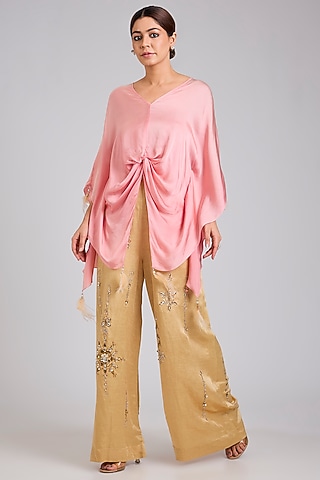 Light Gold Blended Linen Trousers by Dilnaz Karbhary