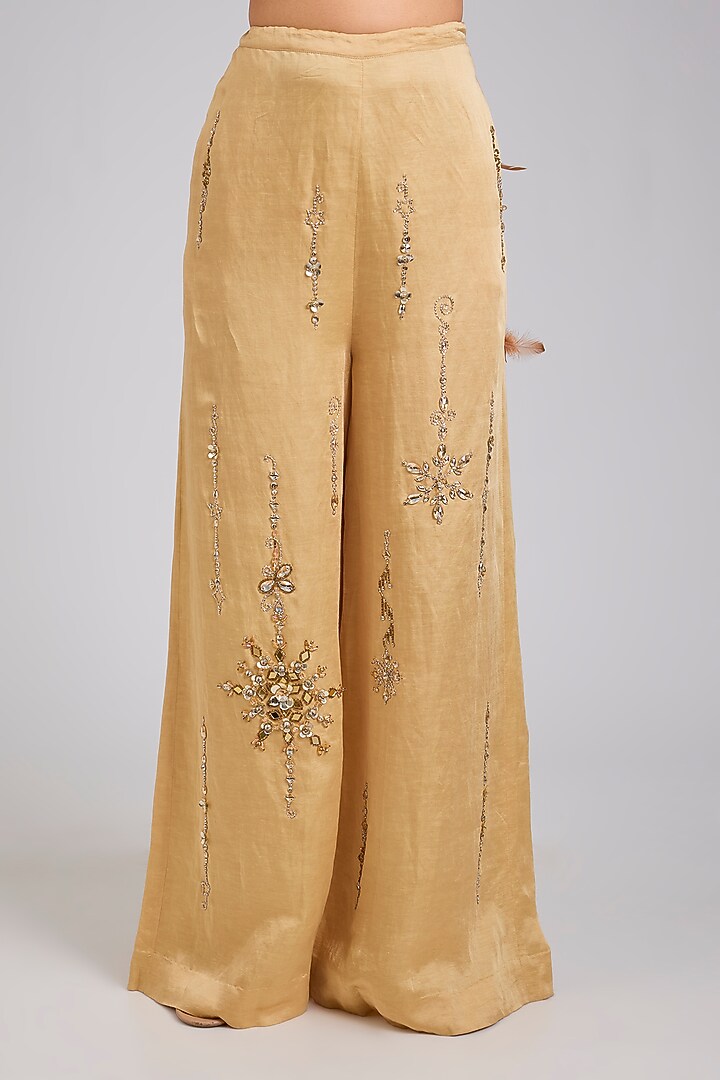 Light Gold Blended Linen Trousers by Dilnaz Karbhary at Pernia's Pop Up Shop