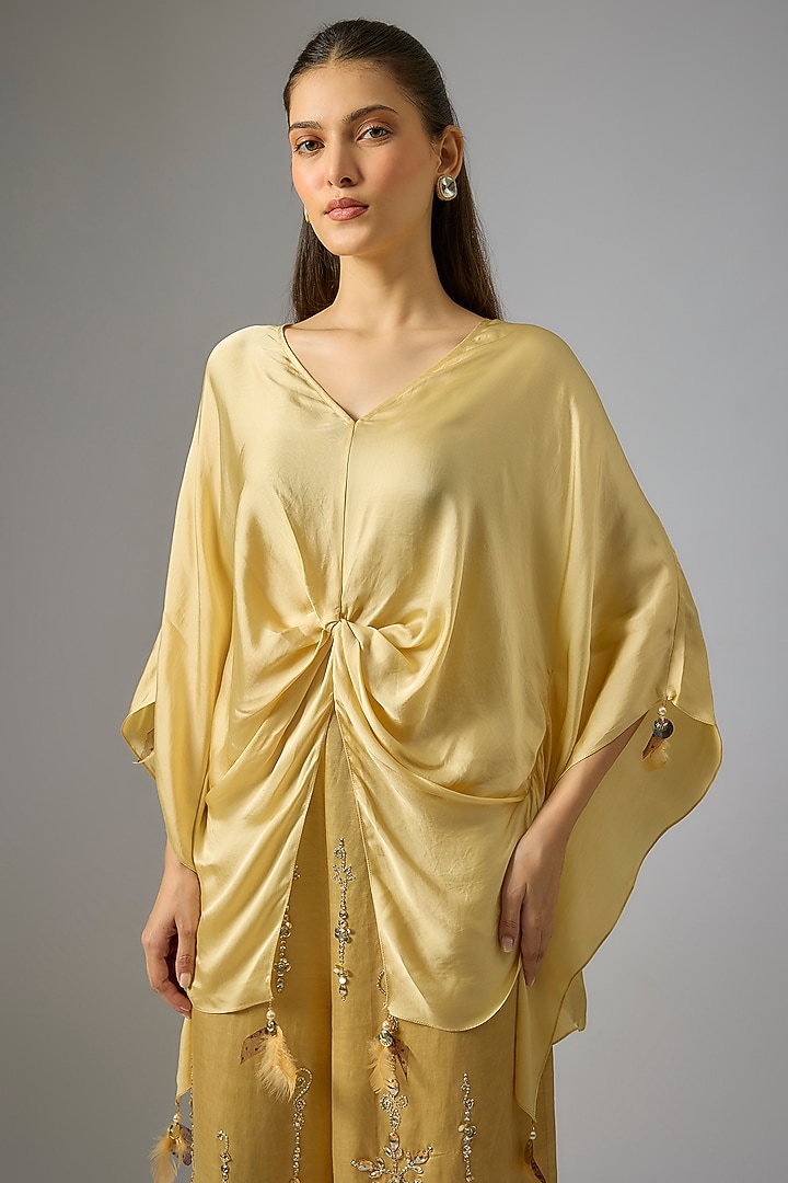 Light Gold Blended Satin Draped Kaftan by Dilnaz Karbhary at Pernia's Pop Up Shop