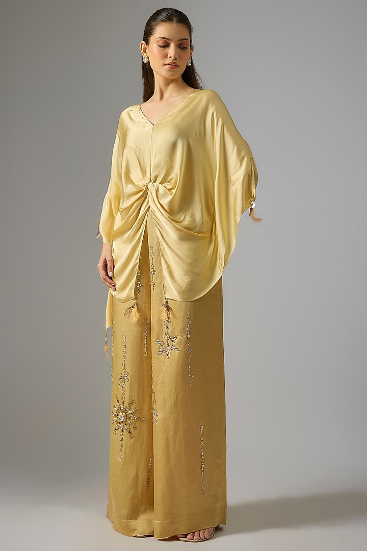 Light Gold Blended Satin Draped Kaftan by Dilnaz Karbhary at Pernia's Pop Up Shop