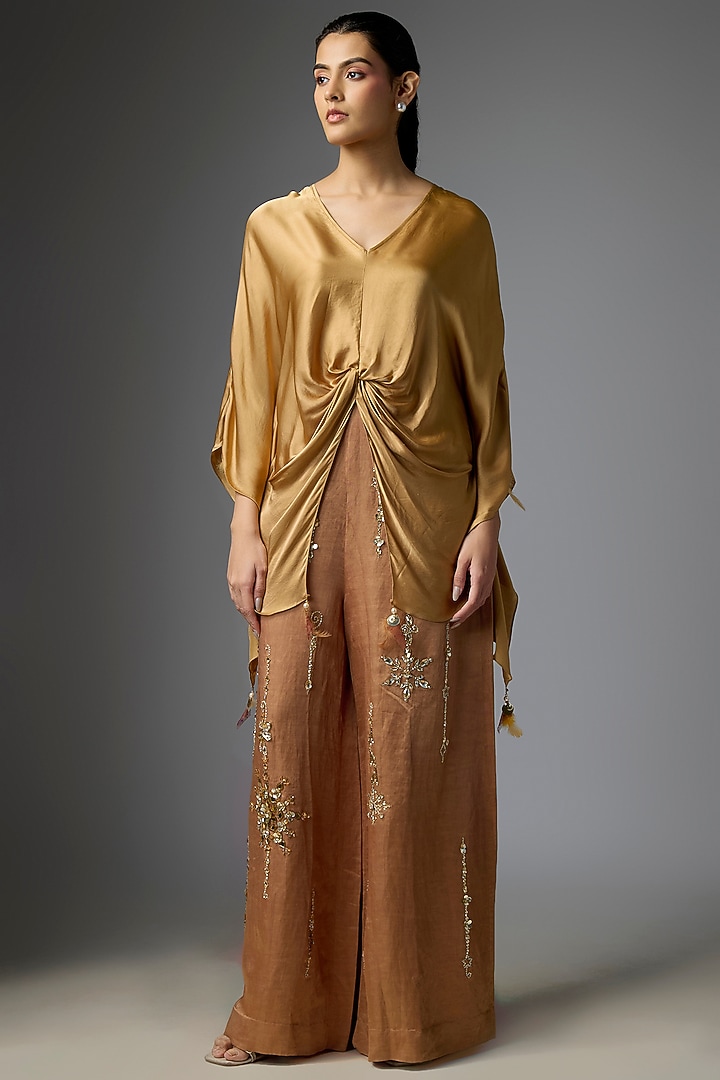 Chocolate Light Brown Blended Satin Trousers by Dilnaz Karbhary at Pernia's Pop Up Shop