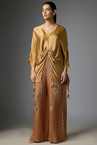 Chocolate Light Brown Blended Satin Trousers by Dilnaz Karbhary