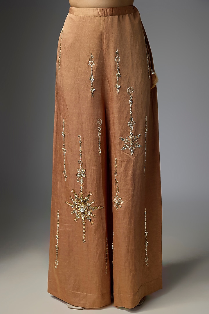 Chocolate Light Brown Blended Satin Trousers by Dilnaz Karbhary at Pernia's Pop Up Shop