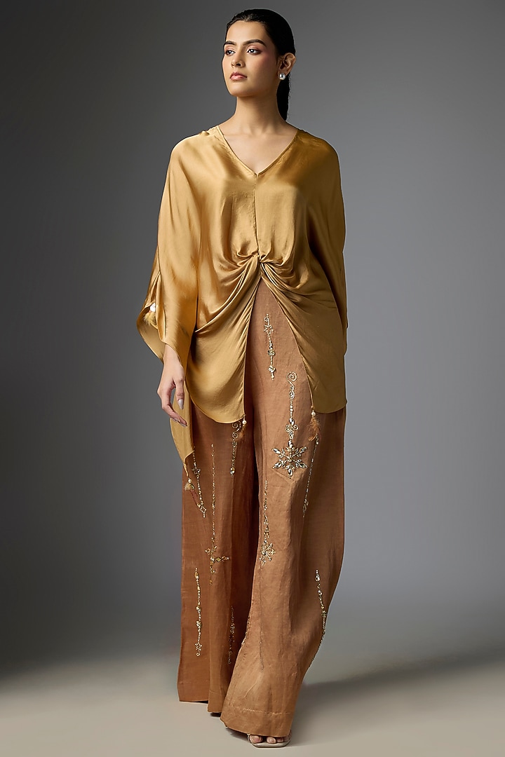 Chocolate Light Brown Blended Satin Kaftan by Dilnaz Karbhary at Pernia's Pop Up Shop