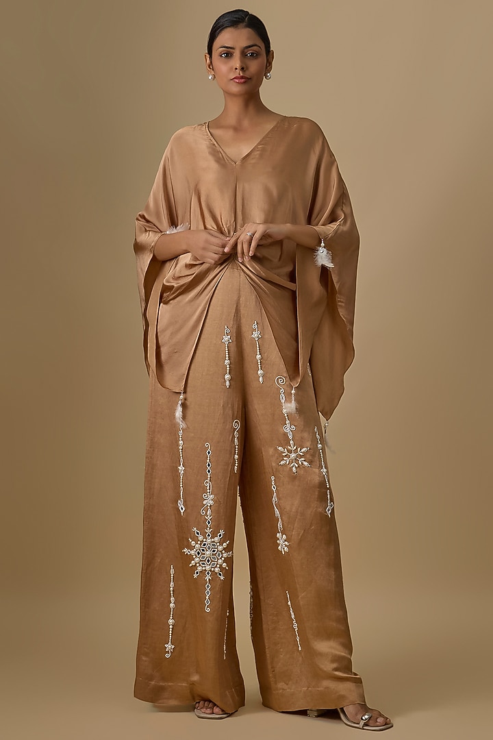 Chocolate Blended Satin Trousers by Dilnaz Karbhary at Pernia's Pop Up Shop