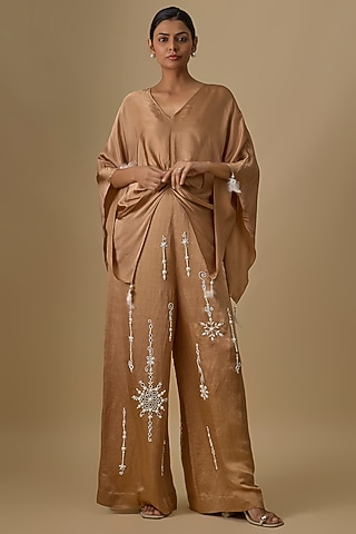 Chocolate Blended Satin Trousers by Dilnaz Karbhary