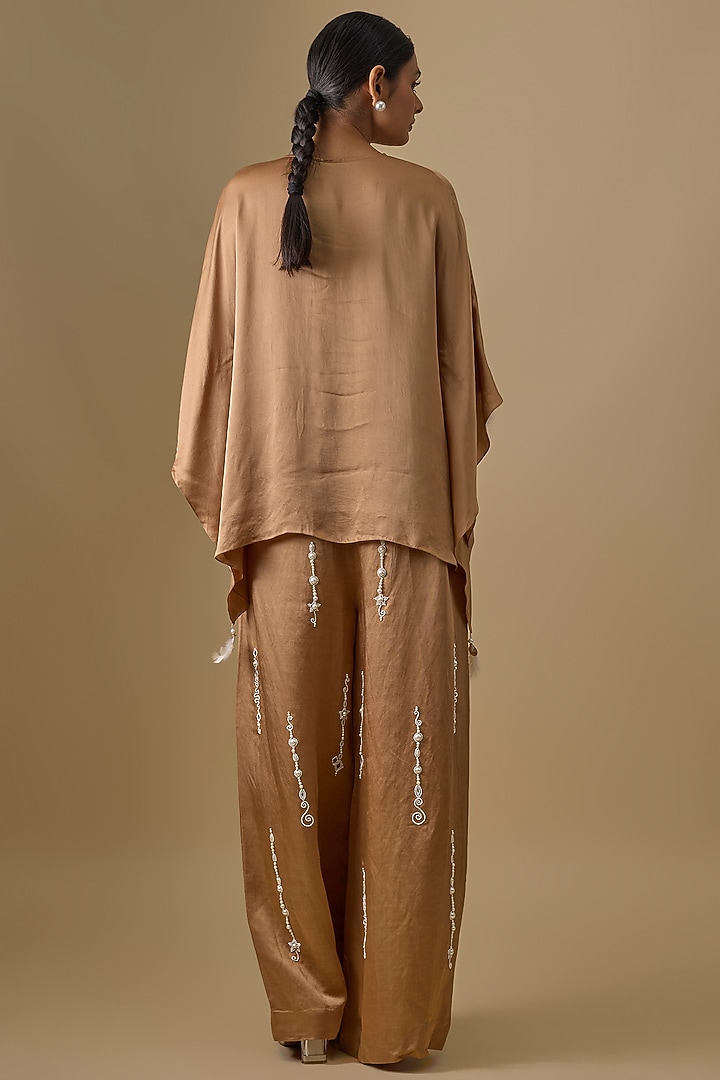 Chocolate Blended Satin Trousers by Dilnaz Karbhary at Pernia's Pop Up Shop