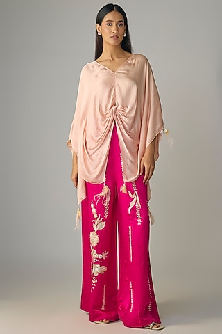Ruby Pink Blended Linen Trousers by Dilnaz Karbhary