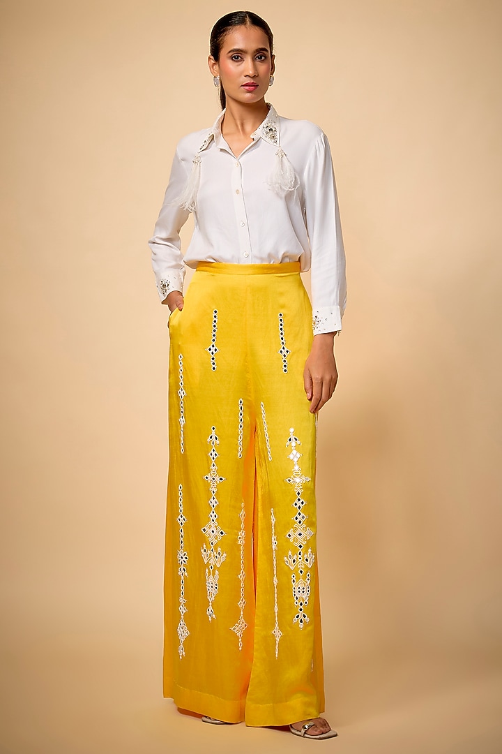 Mango-Colored Blended Linen Trousers by Dilnaz Karbhary at Pernia's Pop Up Shop