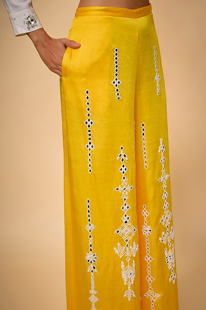 Mango-Colored Blended Linen Trousers by Dilnaz Karbhary at Pernia's Pop Up Shop