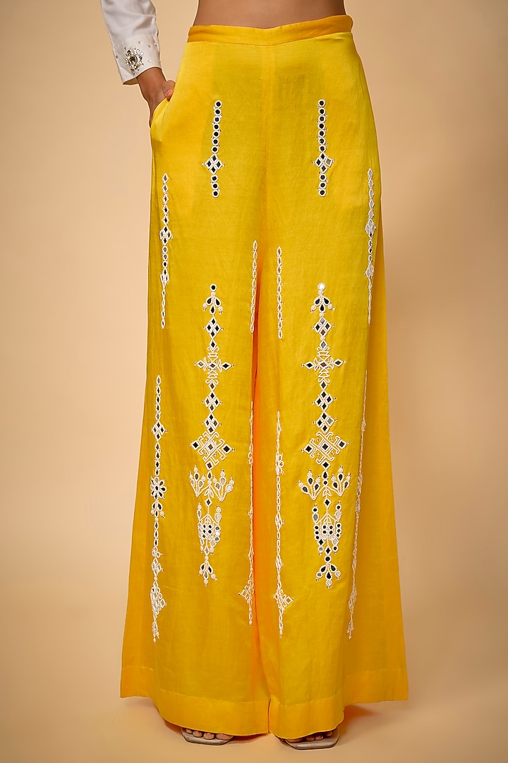 Mango-Colored Blended Linen Trousers by Dilnaz Karbhary at Pernia's Pop Up Shop