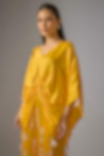 Mango Yellow Blended Satin Draped Kaftan by Dilnaz Karbhary at Pernia's Pop Up Shop