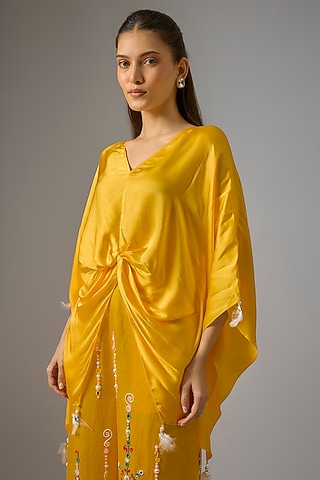 Mango Yellow Blended Satin Draped Kaftan by Dilnaz Karbhary