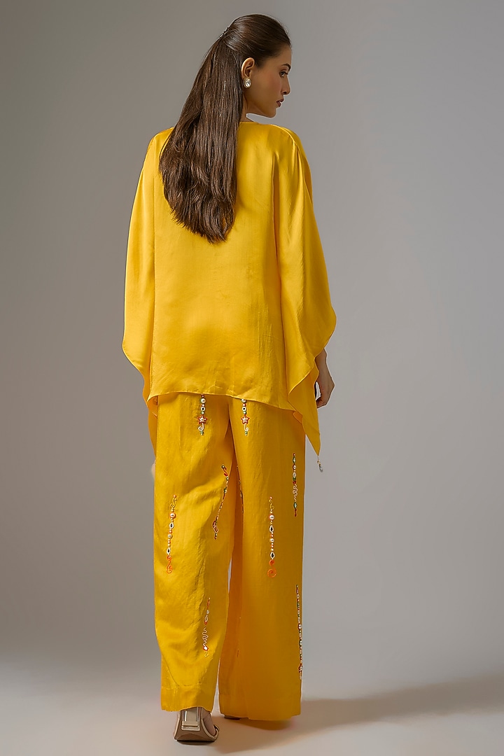 Mango Yellow Blended Satin Draped Kaftan by Dilnaz Karbhary at Pernia's Pop Up Shop