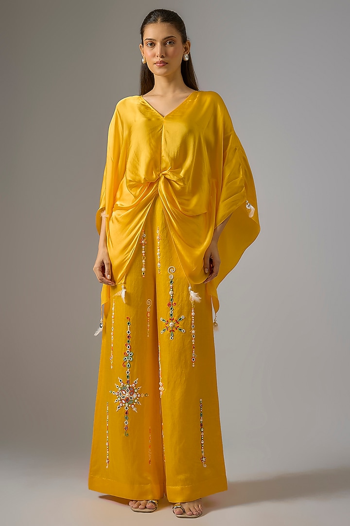 Mango Yellow Blended Satin Draped Kaftan by Dilnaz Karbhary at Pernia's Pop Up Shop