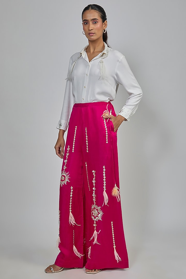 Ruby Pink Blended Linen Trousers by Dilnaz Karbhary at Pernia's Pop Up Shop