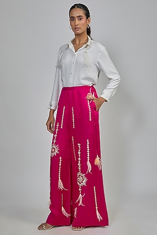 Ruby Pink Blended Linen Trousers by Dilnaz Karbhary