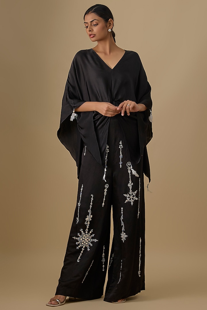 Black Blended Satin Kaftan by Dilnaz Karbhary at Pernia's Pop Up Shop