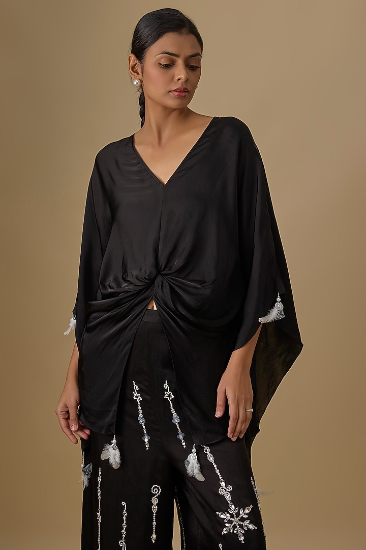 Black Blended Satin Kaftan by Dilnaz Karbhary at Pernia's Pop Up Shop