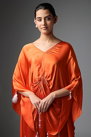 Red Blended Satin Kaftan by Dilnaz Karbhary