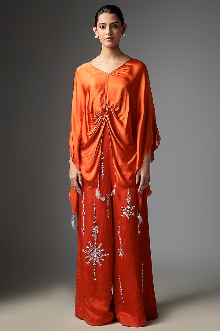Red Blended Satin Kaftan by Dilnaz Karbhary at Pernia's Pop Up Shop
