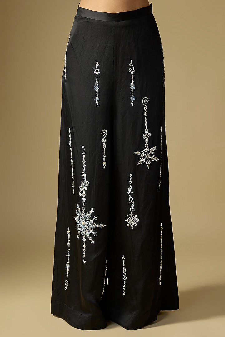 Black Blended Linen Trousers by Dilnaz Karbhary at Pernia's Pop Up Shop