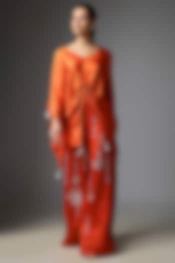 Red Blended Satin Trousers by Dilnaz Karbhary at Pernia's Pop Up Shop