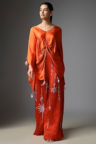 Red Blended Satin Trousers by Dilnaz Karbhary