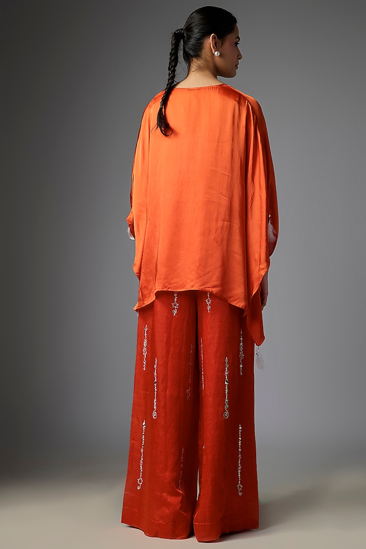 Red Blended Satin Trousers by Dilnaz Karbhary at Pernia's Pop Up Shop