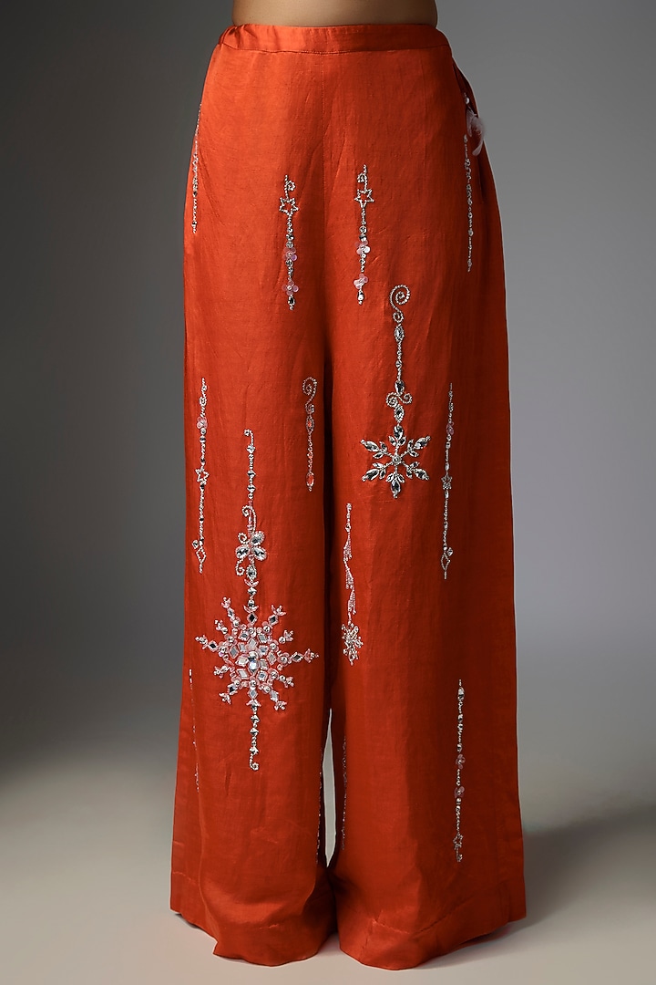 Red Blended Satin Trousers by Dilnaz Karbhary at Pernia's Pop Up Shop